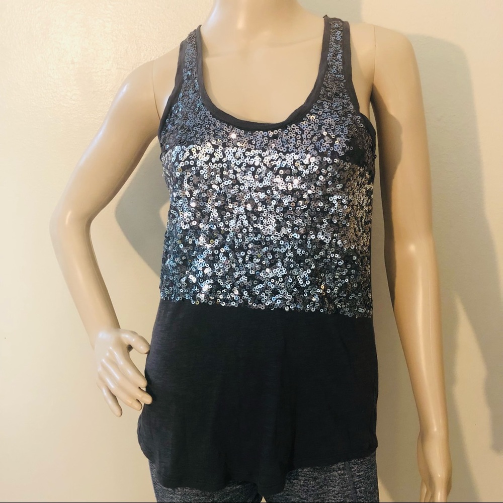 Express Y2K Silver & Black Sequin Colorblock T-Back Tank Top XS